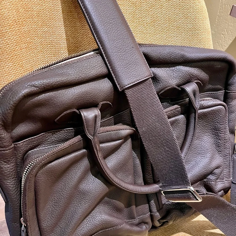 New unused Peter Millar Dark Brown Pebbled Leather Briefcase & Removable Strap.